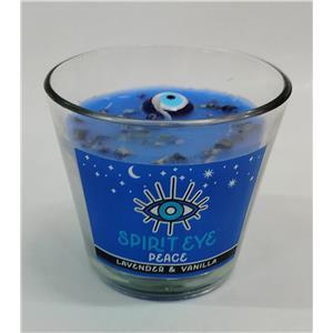 Vela aromatica de vidrio y piedras con cuentas de ojo turco con fragancia de felicidad con 150g y 8.