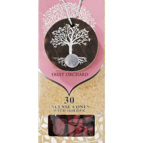 Paquete con 30 conos de incienso y quemador de arbol de madera con logo y fragancia de huerto de fru