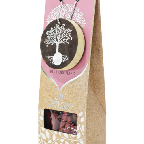 Paquete con 30 conos de incienso y quemador de arbol de madera con logo y fragancia de huerto de fru