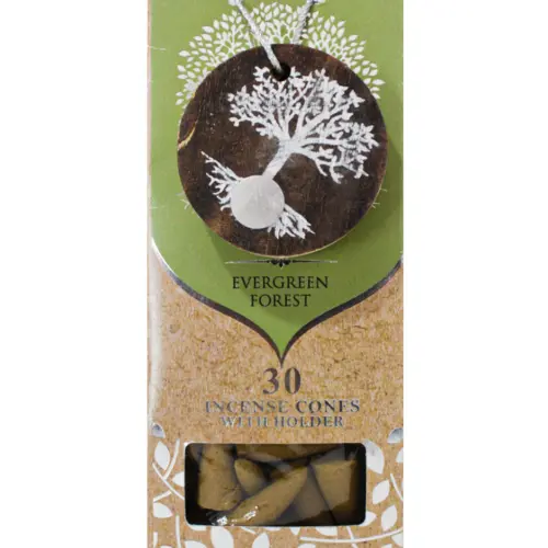 Paquete con 30 conos de incienso y quemador de arbol de madera con logo y fragancia de bosque siempr