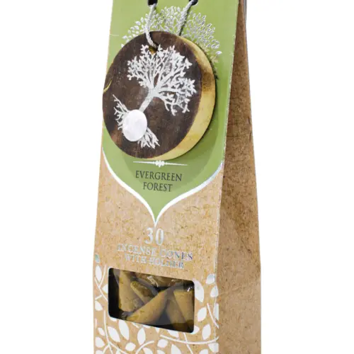 Paquete con 30 conos de incienso y quemador de arbol de madera con logo y fragancia de bosque siempr