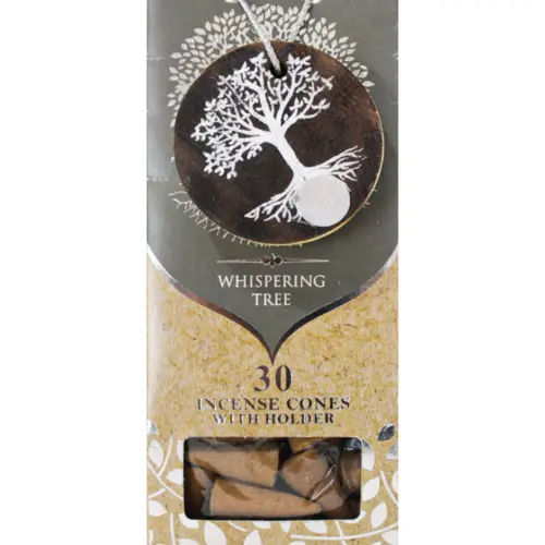 Paquete con 30 conos de incienso y quemador de arbol de madera con logo y fragancia de árbol susurra