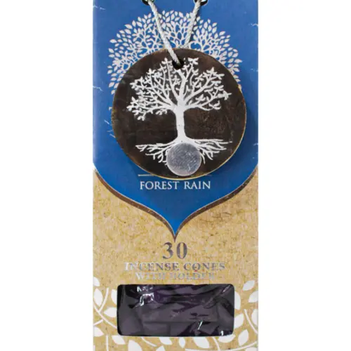 Paquete con 30 conos de incienso y quemador de arbol de madera con logo y fragancia de lluvia del bo