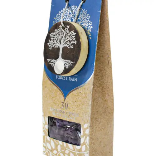 Paquete con 30 conos de incienso y quemador de arbol de madera con logo y fragancia de lluvia del bo
