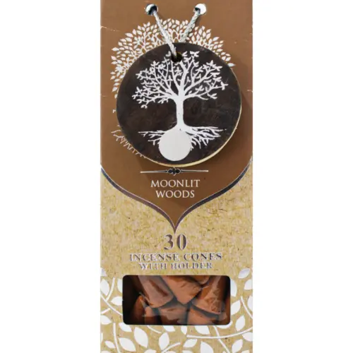 Paquete con 30 conos de incienso y quemador de arbol de madera con logo y fragancia de madera ilumin