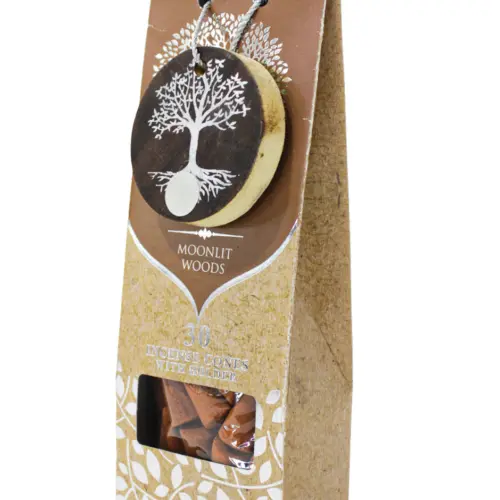 Paquete con 30 conos de incienso y quemador de arbol de madera con logo y fragancia de madera ilumin