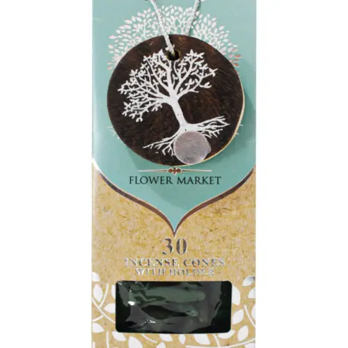 Paquete con 30 conos de incienso y quemador de arbol de madera con logo y fragancia de mercado de fl