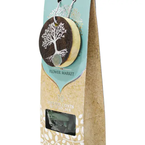 Paquete con 30 conos de incienso y quemador de arbol de madera con logo y fragancia de mercado de fl