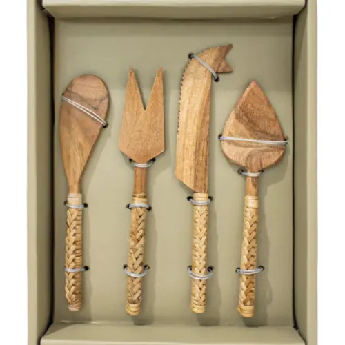 Juego de 4 utensilios de madera con el mango tejido para quesos de 18×3.5x1cm