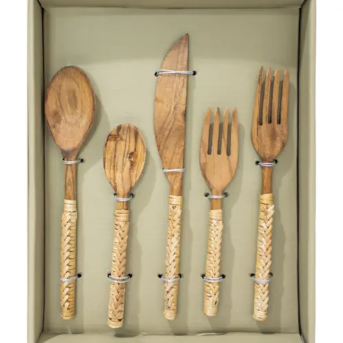 Juego de 5 utensilios de madera con el mango tejido de 22.5x4x1.5cm