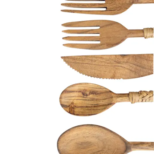 Juego de 5 utensilios de madera con el mango tejido de 22.5x4x1.5cm