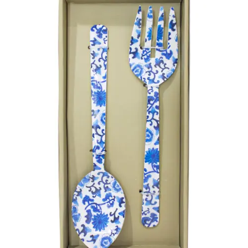 Juego de 2 utensilios para ensalada estampado azul con blanco de 27.5×6.5×3.5cm