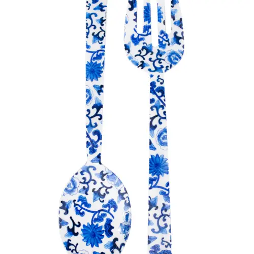 Juego de 2 utensilios para ensalada estampado azul con blanco de 27.5×6.5×3.5cm