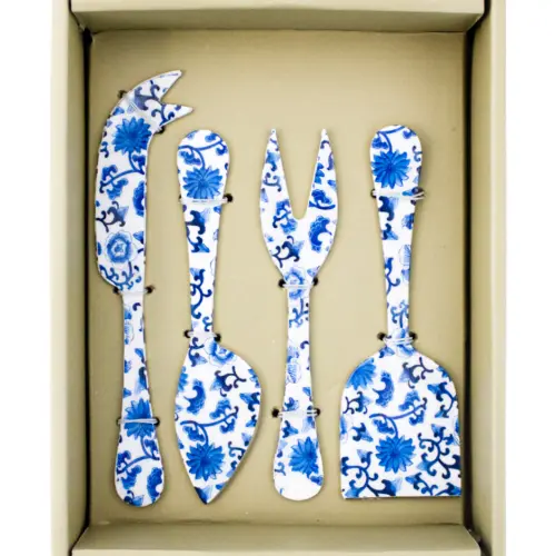 Juego de 4 utensilios estampado azul con blanco para quesos de 18x5x0.5cm