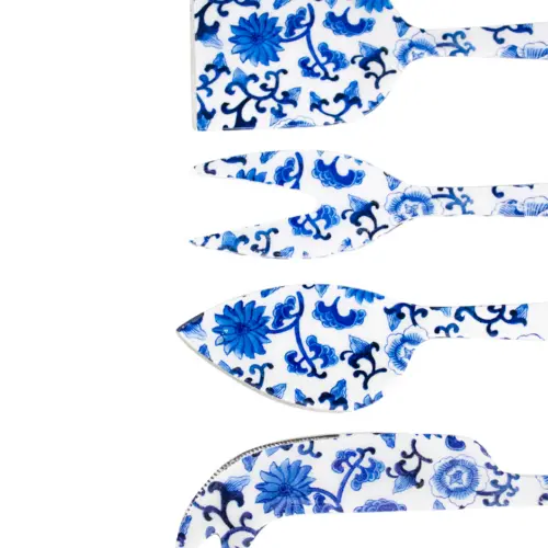 Juego de 4 utensilios estampado azul con blanco para quesos de 18x5x0.5cm