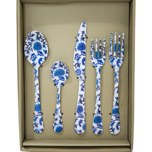 Juego de 5 utensilios estampado azul con blanco de 20.5×4.25×2.75cm