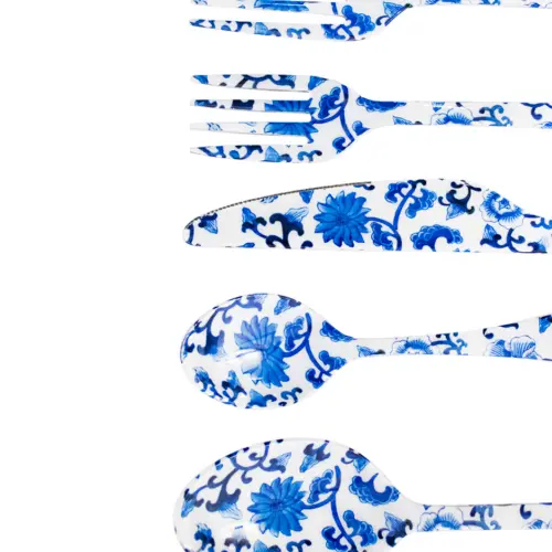 Juego de 5 utensilios estampado azul con blanco de 20.5×4.25×2.75cm