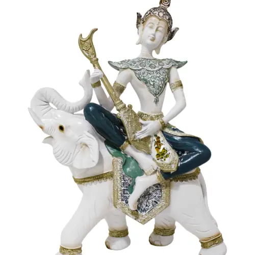Buda montando elefante de resina con instrumento musical azul con blanco de 27x12x38cm