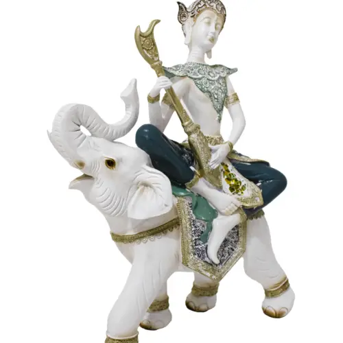 Buda montando elefante de resina con instrumento musical azul con blanco de 27x12x38cm