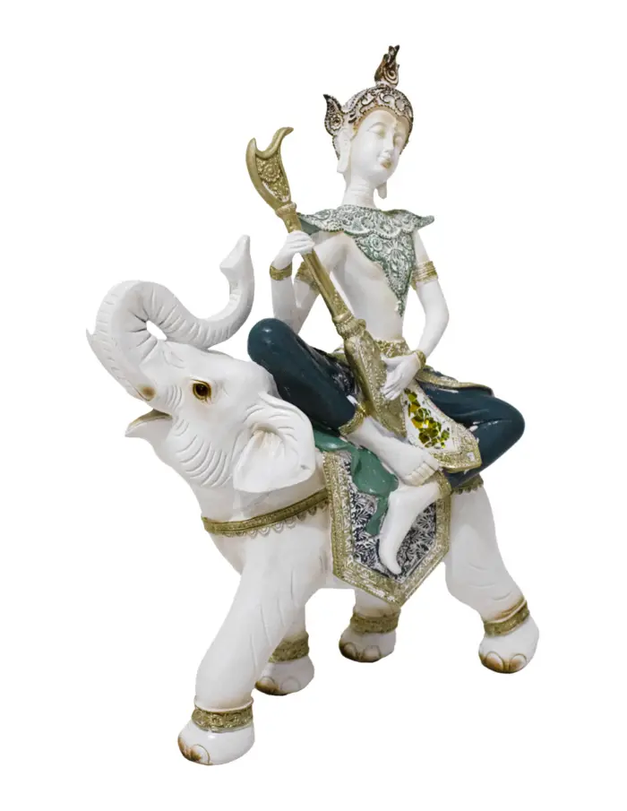 Buda montando elefante de resina con instrumento musical azul con blanco de 27x12x38cm - Image 2