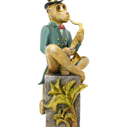 Chango de poliresina tocando saxofón de 15x14x40cm