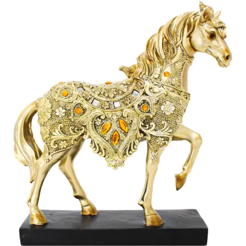 Caballo de poliresina dorado con detalles ámbar de 22x6x23.5cm