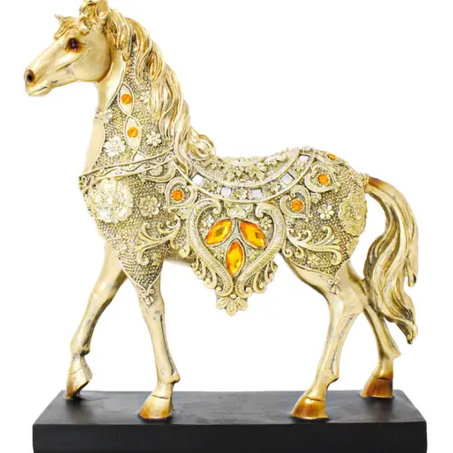 Caballo de poliresina dorado con incrustaciones de brillos de color amar de 24×7.5×27.5cm