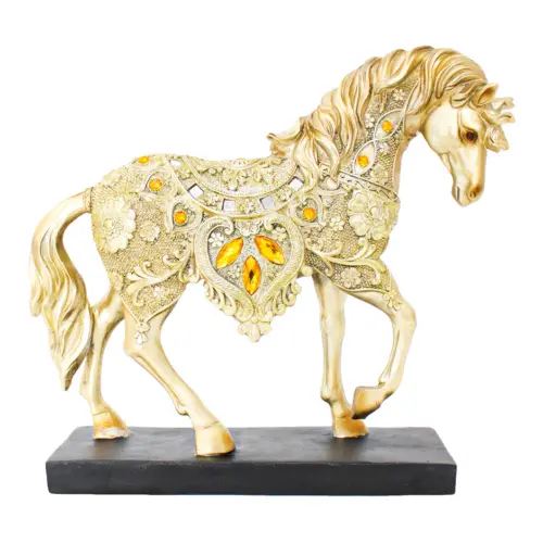 Caballo de poliresina dorado con plateado con incrustaciones de color ámbar de 32x8x27.5cm