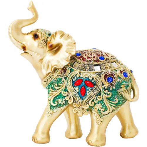 Elefante de poliresina con incrustaciones de color verde con dorado de 15x6x16.5cm