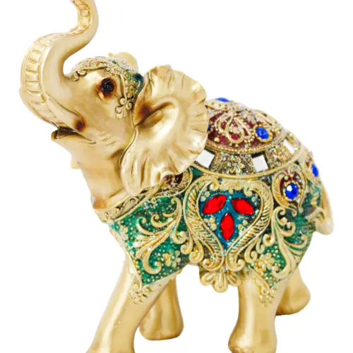 Elefante de poliresina con incrustaciones de color verde con dorado de 15x6x16.5cm
