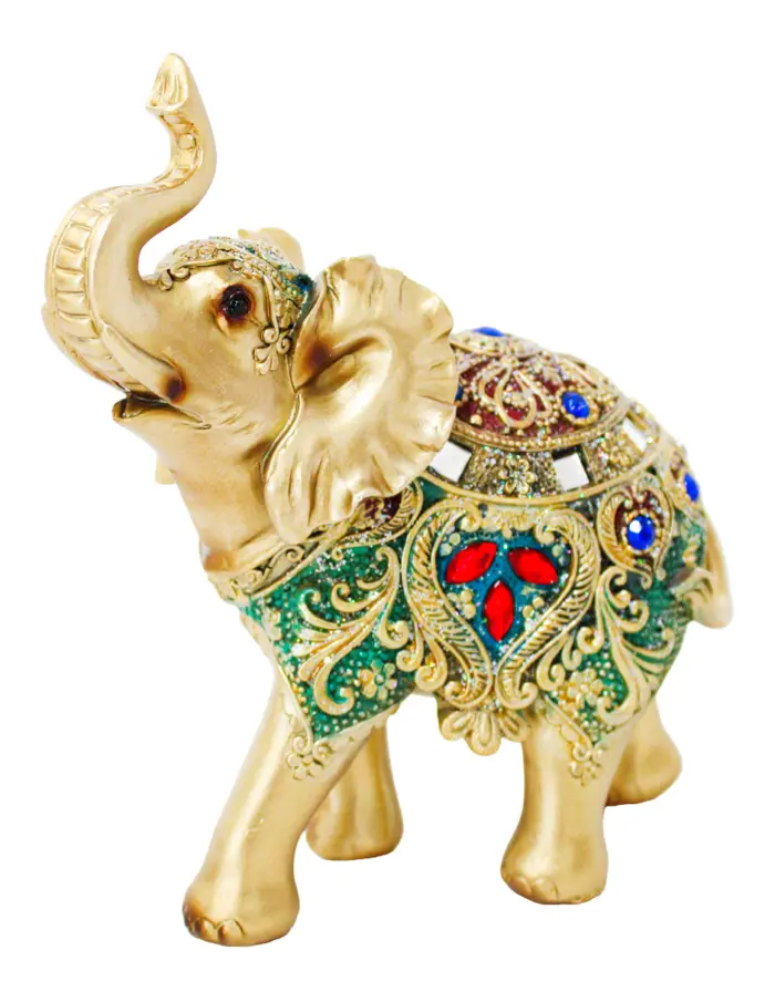 Elefante de poliresina con incrustaciones de color verde con dorado de 15x6x16.5cm - Image 2