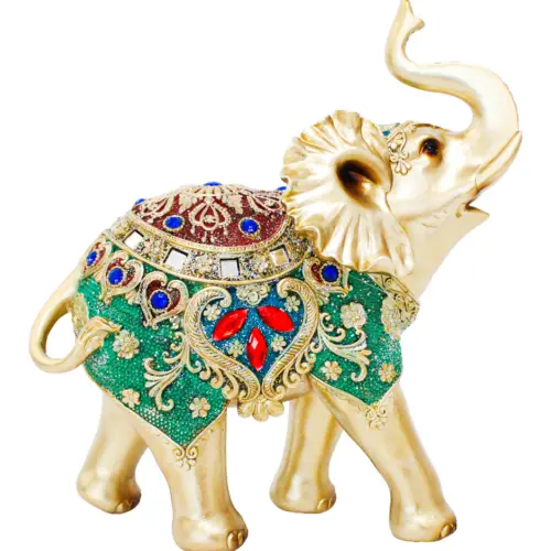 Elefante de poliresina con incrustaciones de color verde con dorado de 23x10x25.5cm