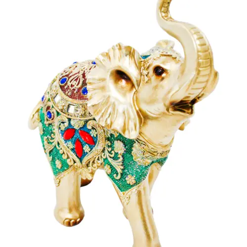 Elefante de poliresina con incrustaciones de color verde con dorado de 23x10x25.5cm