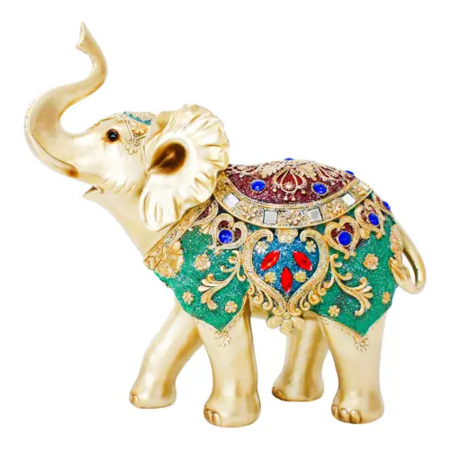 Elefante de poliresina con incrustaciones de color verde con dorado de 32×11.5x32cm