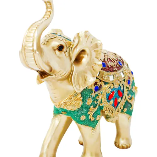 Elefante de poliresina con incrustaciones de color verde con dorado de 32×11.5x32cm