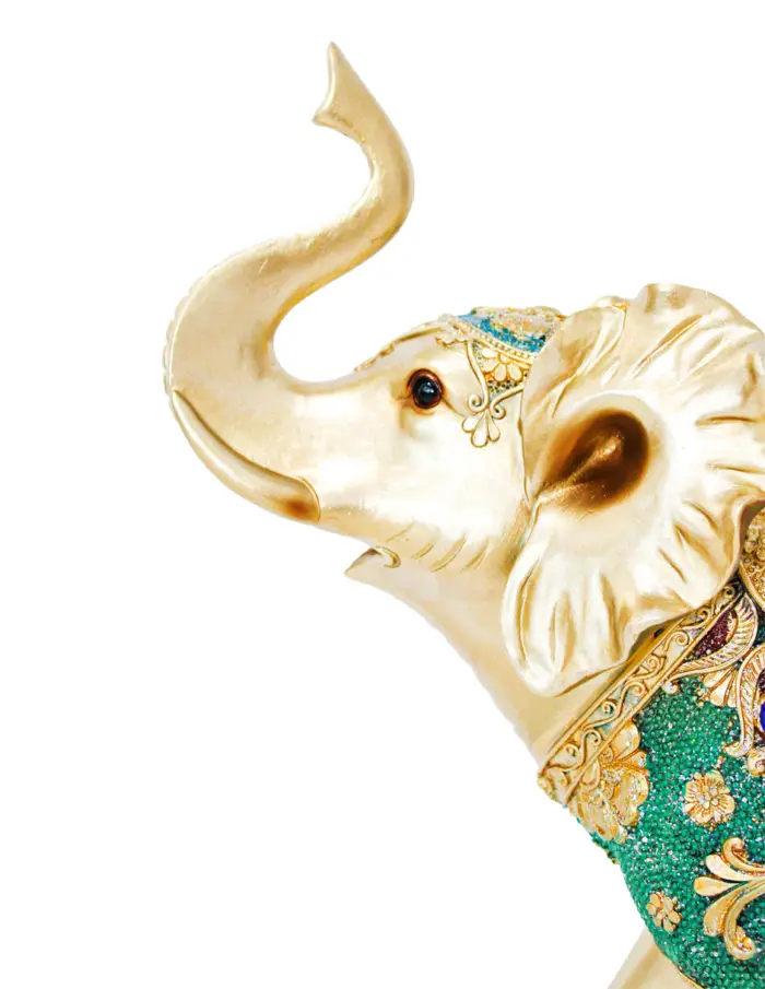 Elefante de poliresina con incrustaciones de color verde con dorado de 32x11.5x32cm - Image 3