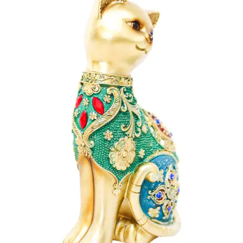 Gato de poliresina dorado con incrustaciones verdes brillantes de 12x7x21.5cm