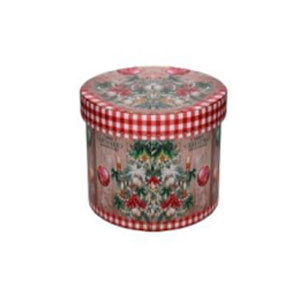 Caja de madera redonda estampado navideño con orilla escocesa roja de 27x27x18cm