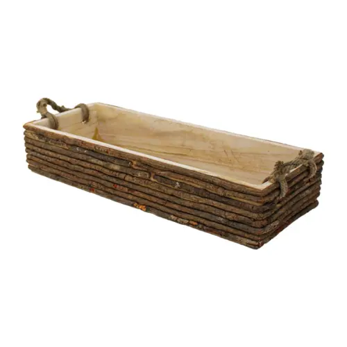 Charola rectangular de madera con corteza natural de 71x30x14cm