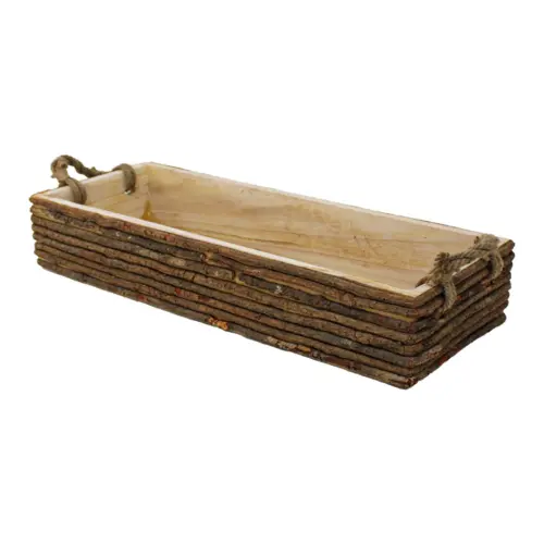 Charola rectangular de madera con corteza natural de 61x24x12cm