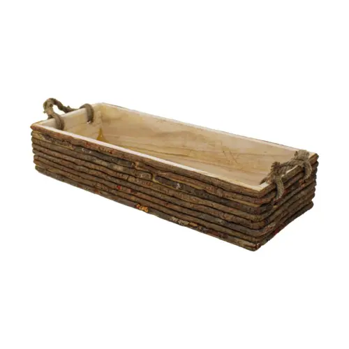 Charola rectangular de madera con corteza natural de 51x18x10cm
