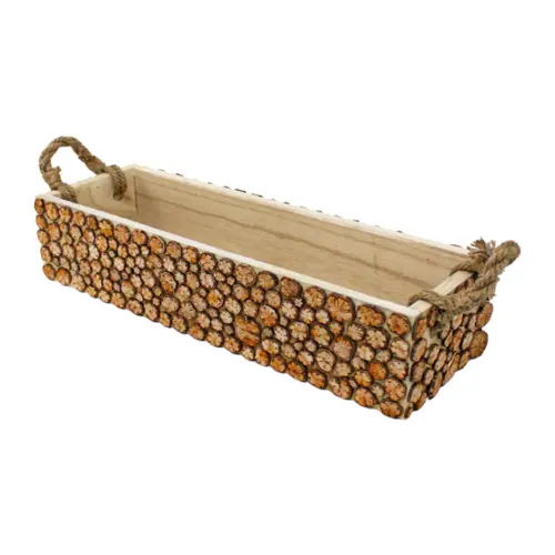 Charola rectangular de madera con agarraderas diseño troncos de 63x23x14cm