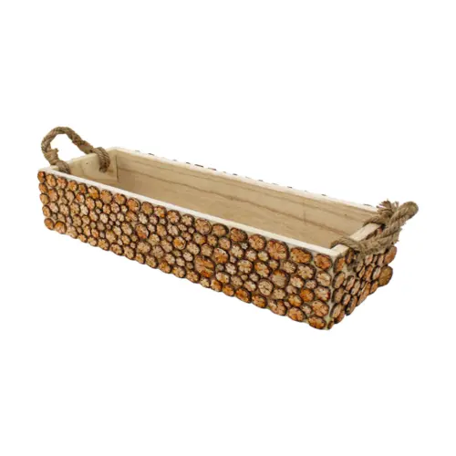 Charola rectangular de madera con agarraderas diseño troncos de 53x18x12cm