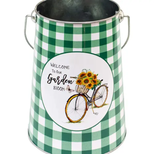 Bote de metal con agarradera diseño cuadros de color verdes con blanco y flores con bicicleta de 13x