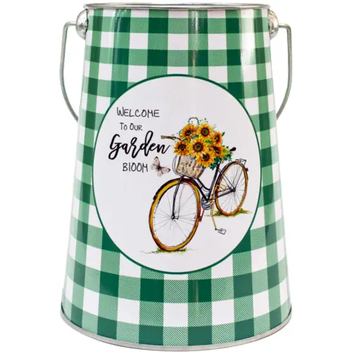 Bote de metal con agarradera diseño cuadros de color verdes con blanco y flores con bicicleta de 13x