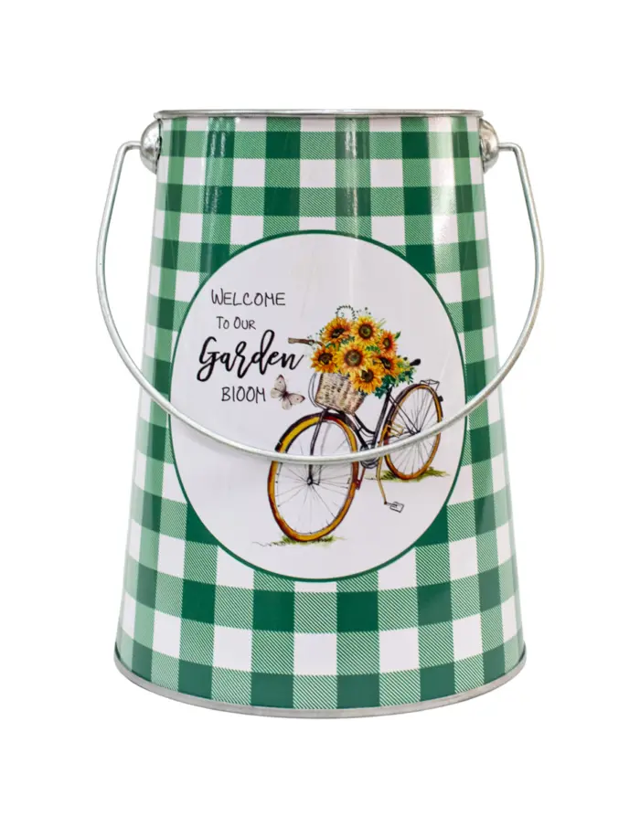 Bote de metal con agarradera diseño cuadros de color verdes con blanco y flores con bicicleta de 13x - Image 4