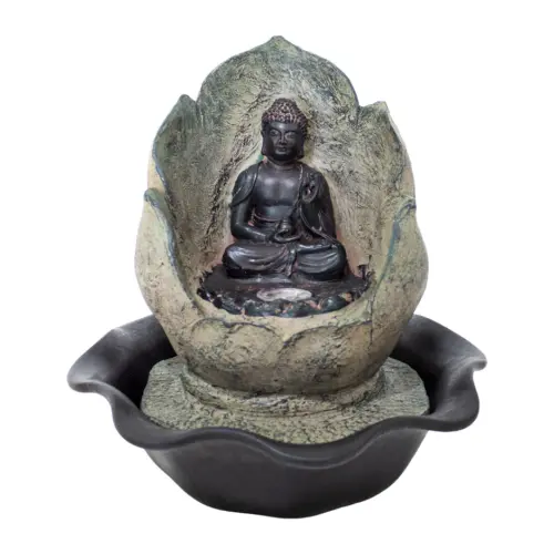 Fuente de poliresina diseño buda en flor con luz 26x26x26.3cm