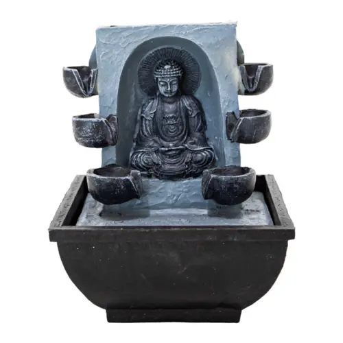 Fuente de poliresina con Buda meditando y piedras a los lados de 13x12x17cm