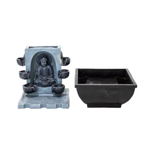 Fuente de poliresina con Buda meditando y piedras a los lados de 13x12x17cm