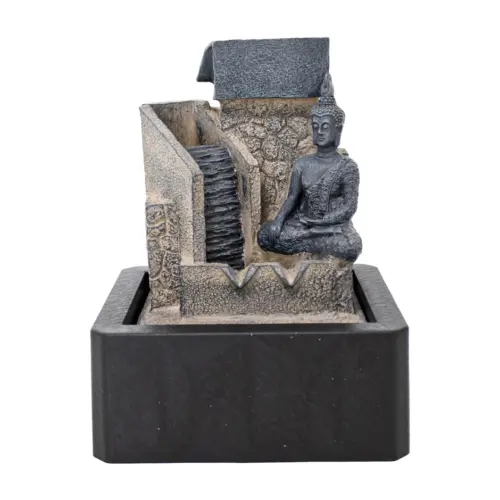 Fuente de poliresina con buda sentado y cascada de 20x18x26cm